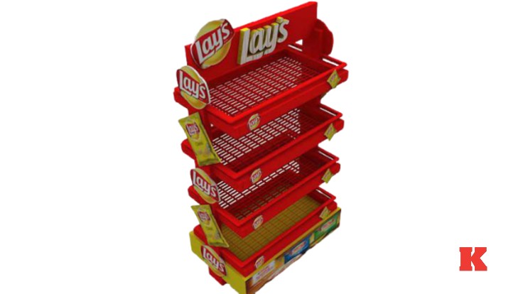 Market standı seçimi için örnek: Lay’s markalı kırmızı raflı plastik teşhir ünitesi