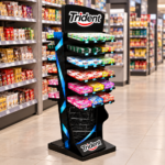 Market koridorunda raf önündeki Trident logolu ayaklı sakız standı