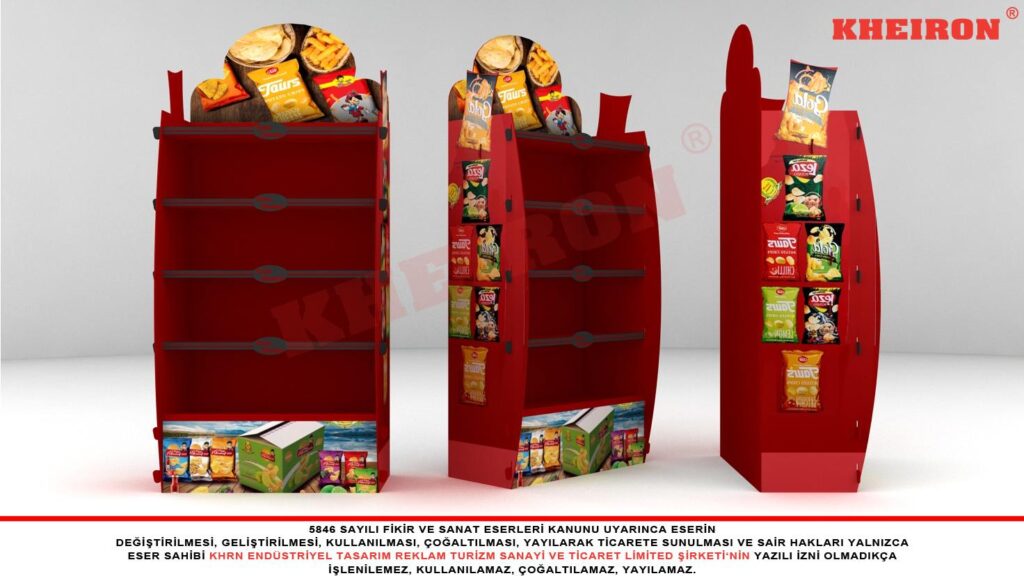 Oluklu PP Stand üzerinde atıştırmalık paketlerini gösteren kırmızı raflı teşhir.